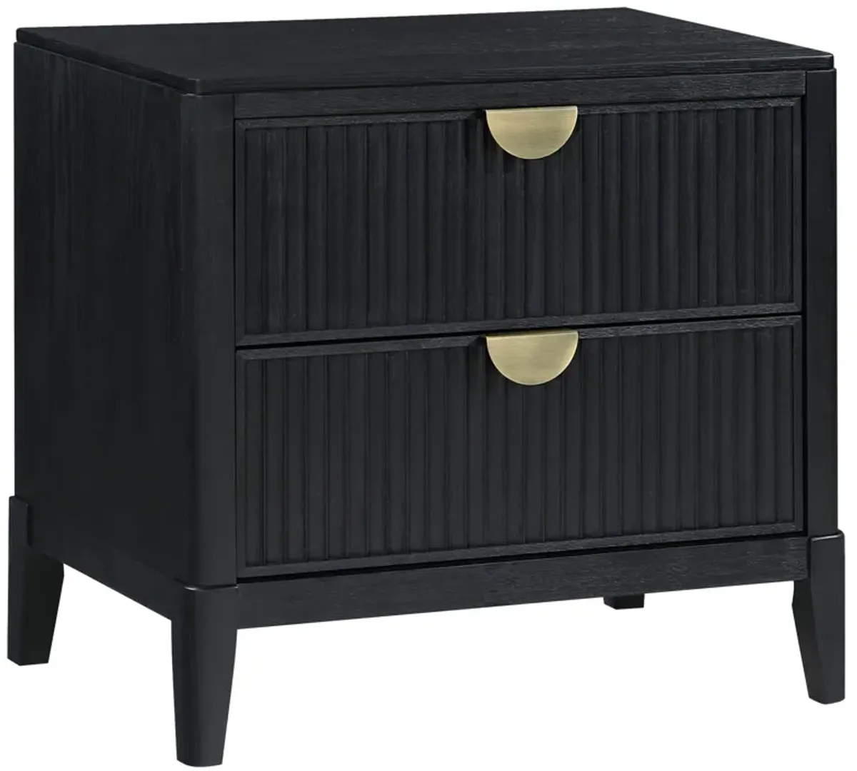 Jack Nightstand, 2 Drawers, Gold Metal Handles, Wire Brushed Black Wood - Benzara