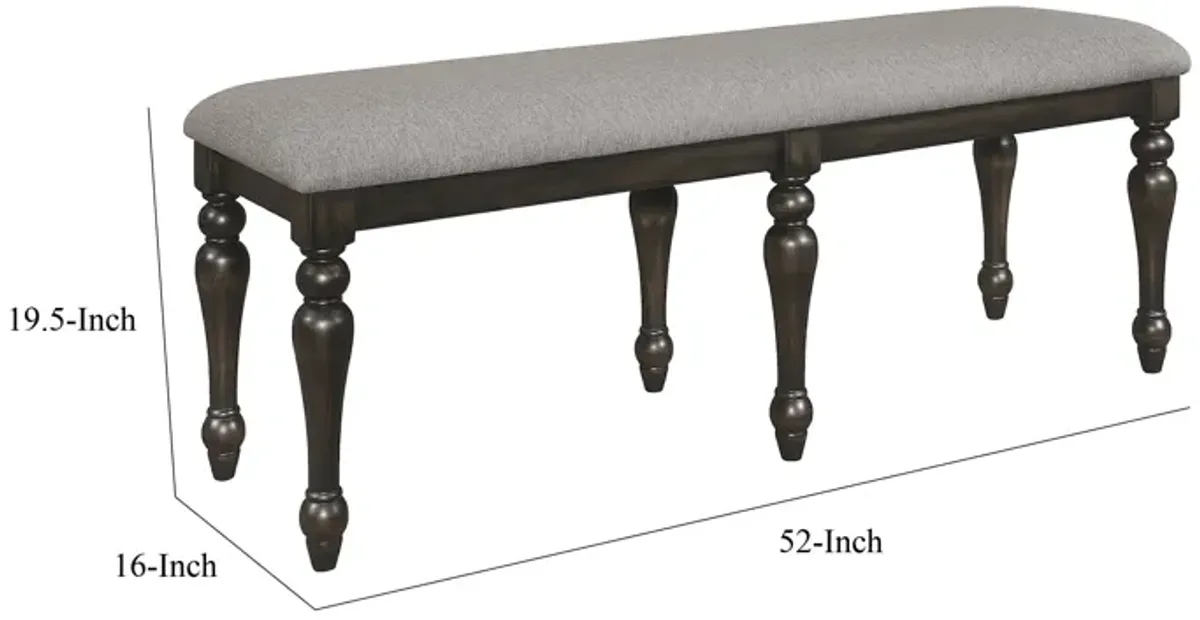 Lauren 52 Inch Bench, Classic Wood Frame, Cushioned Gray Fabric Upholstery - Benzara