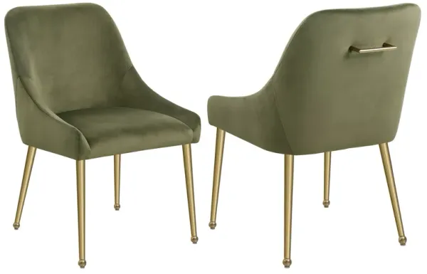 Maya Dining Side Chair Set of 2, Green Velvet, Brass Plated Metal Legs - Benzara
