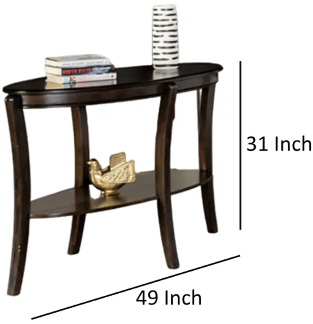 Orio Sofa Table, Open Shelves, 49 Inch Oval Top, Curved Legs, Brown Wood