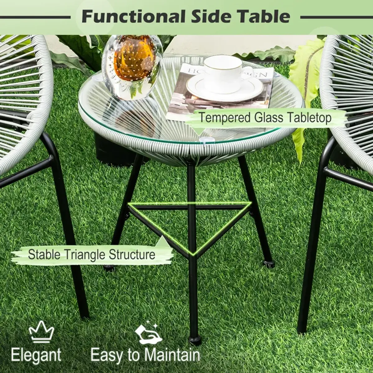 3 Pieces Patio Acapulco Furniture Bistro Set with Glass Table