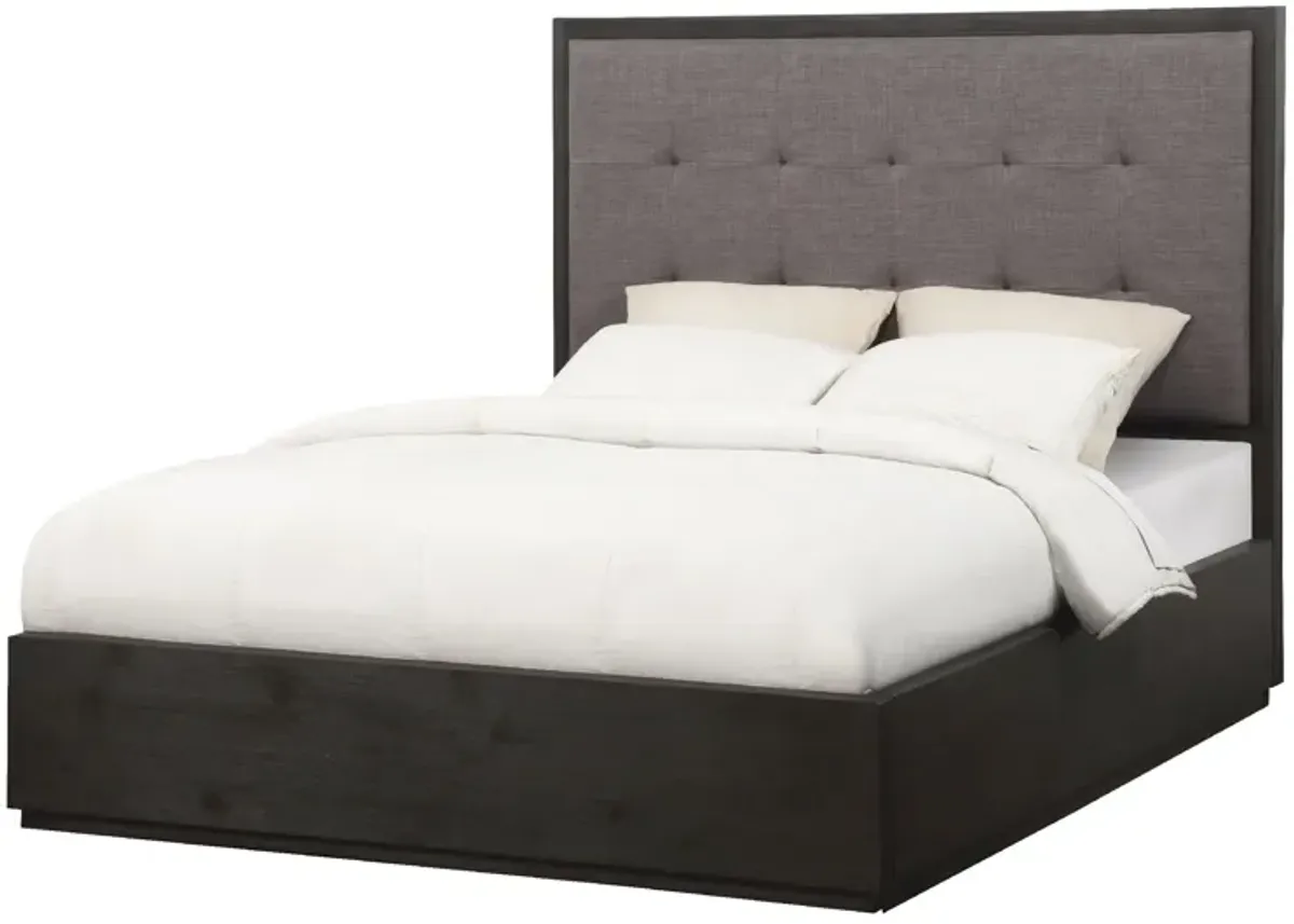 Jose Acacia Wood Tufted Platform Queen Bed with Storage, Dark Heather Gray - Benzara