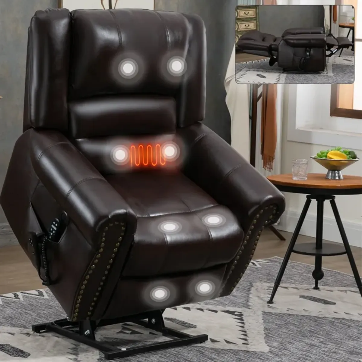 Mondawe Power Lift Recliner Chair Heat Massage Dual Motor Infinite Position Up to 350 LBS, Genuine Leather, Heavy Duty Motion Mechanism with USB Ports