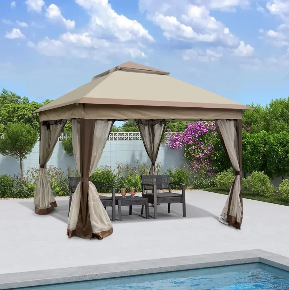 Outdoor 11X 11FT Pop Up Gazebo Canopy With Removable Zipper Netting, 2-Tier