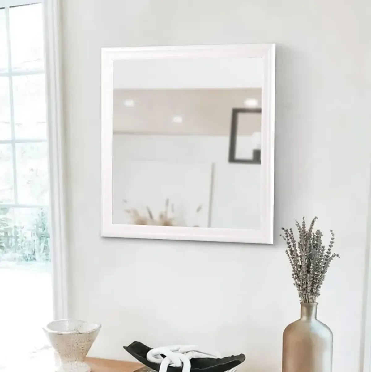 Transitional Square Mirror with Wooden Encasing and Convex Edges, White-Benzara