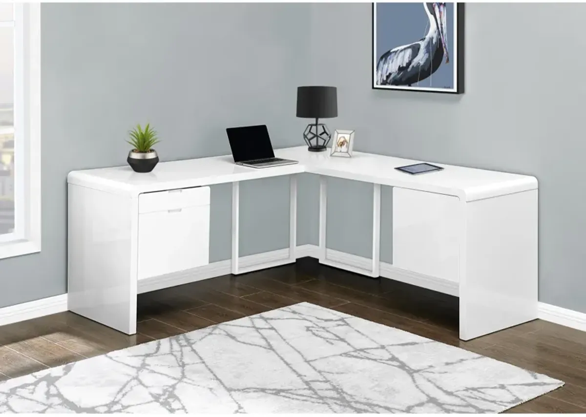 Computer Desk, Home Office, Corner, Left, Right Set-Up, Storage Drawers, 72"L, L Shape, Work, Laptop, Laminate, Metal, Glossy White, Contemporary, Modern