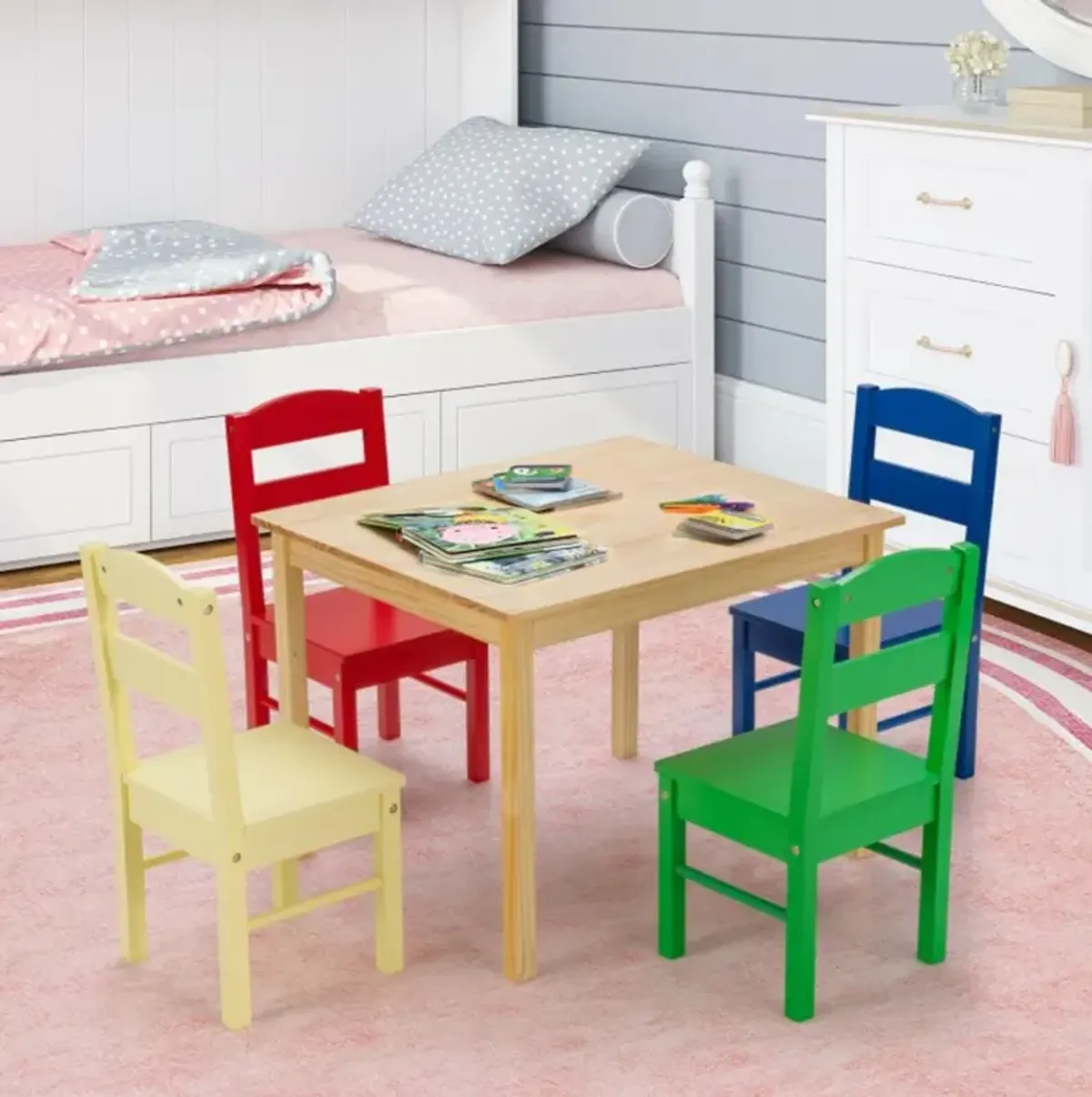 Hivvago 5 pcs Kids Pine Wood Table Chair Set