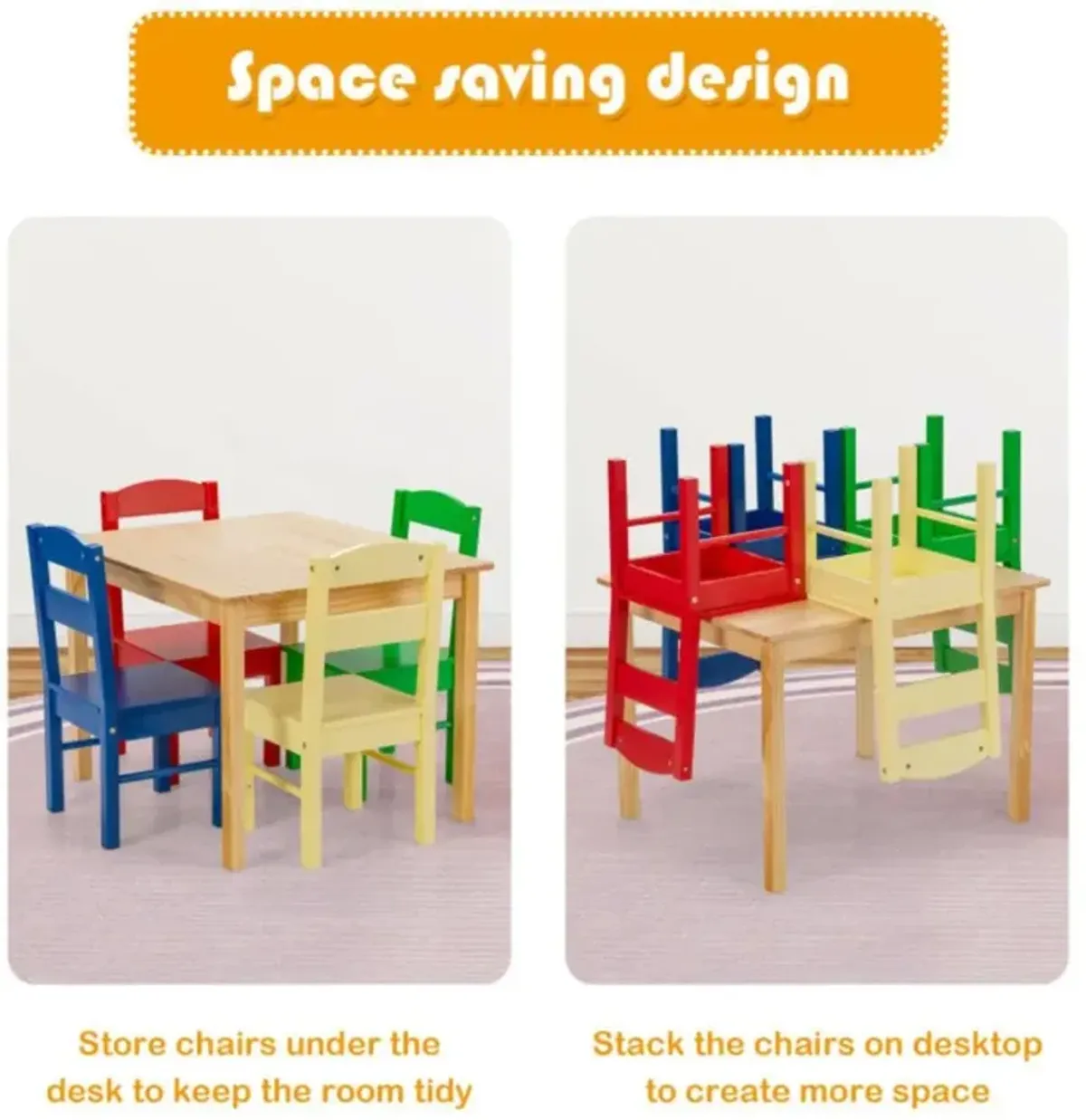 Hivvago 5 pcs Kids Pine Wood Table Chair Set