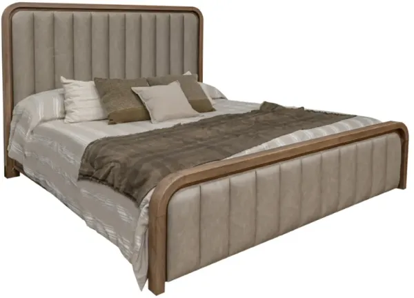 Okai Queen Size Bed, Gray Faux Leather Upholstery, Brown Mango Wood - Benzara