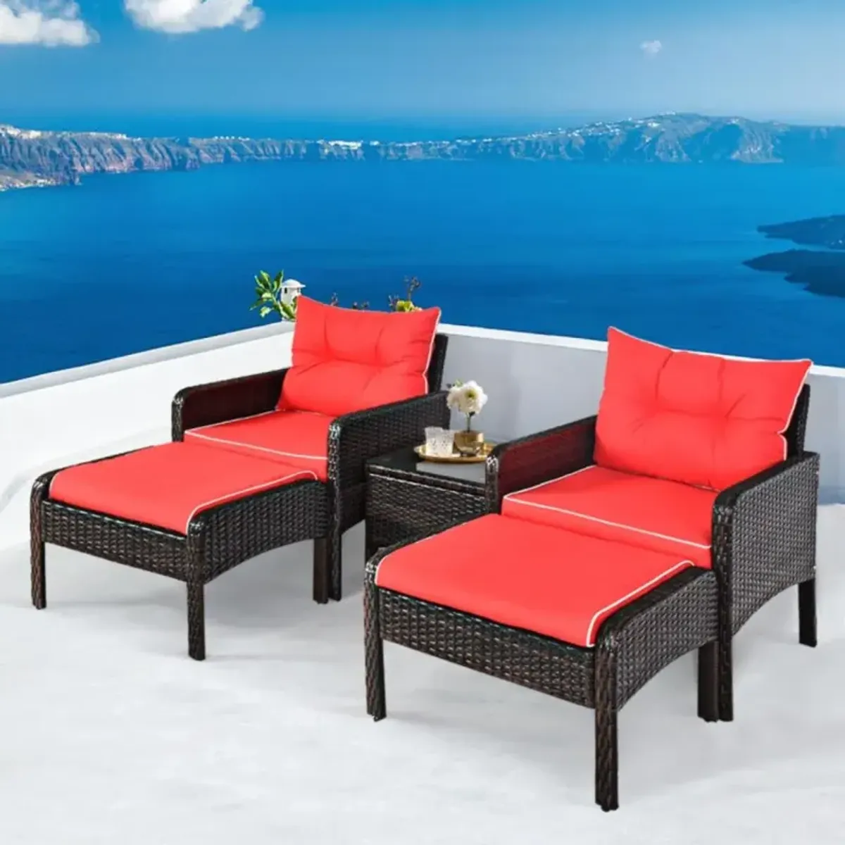 Hivvago 5 Pieces Patio Rattan Sofa Ottoman Furniture Set with Cushions