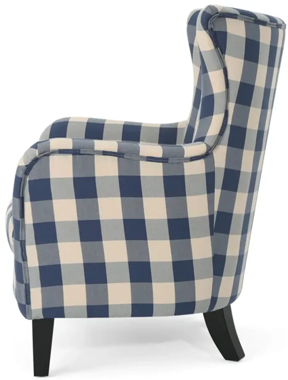 Riyank Accent Armchair, Classic Wingback Blue and White Checkered Print - Benzara