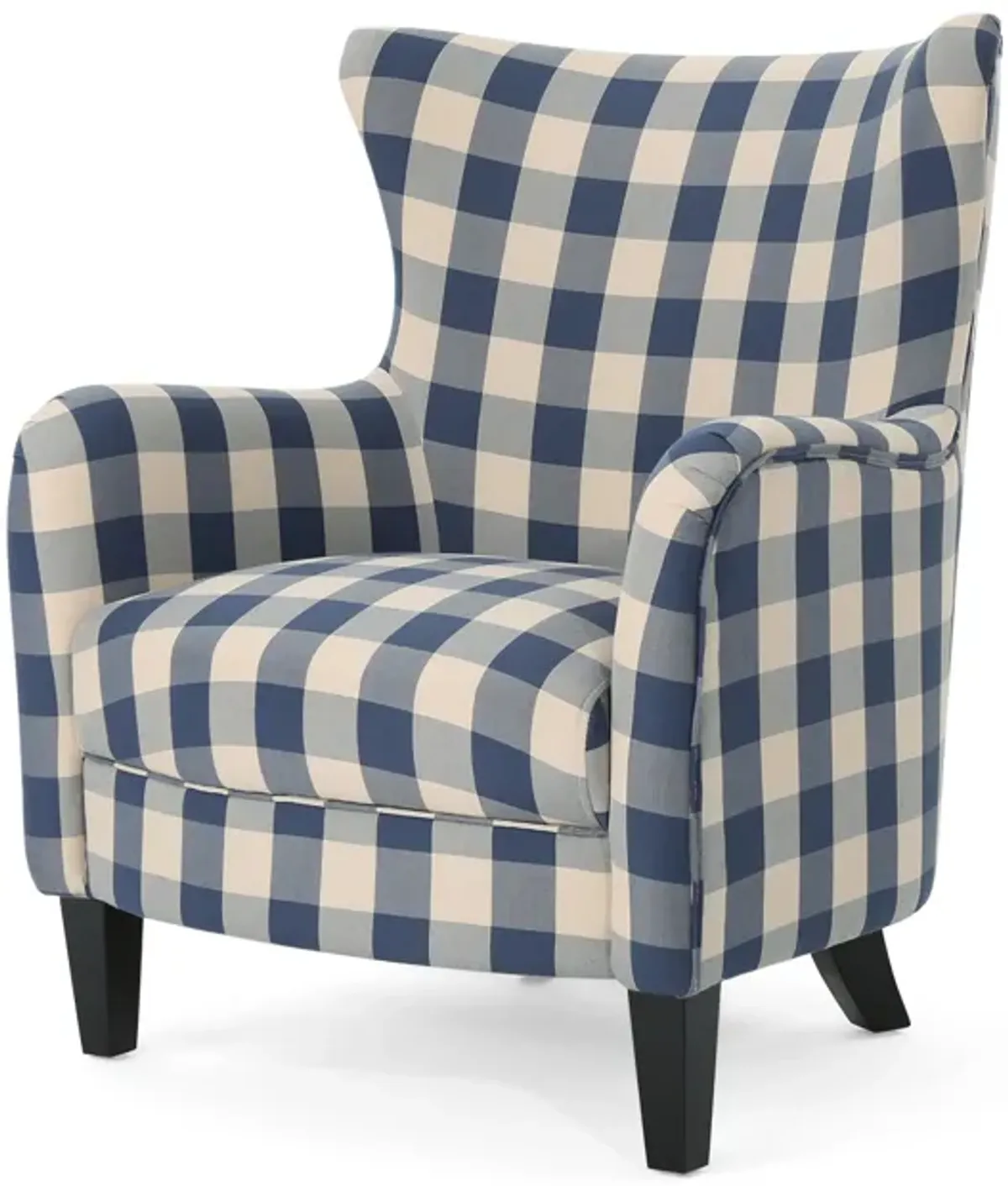 Riyank Accent Armchair, Classic Wingback Blue and White Checkered Print - Benzara