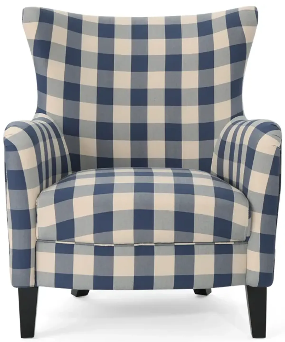 Riyank Accent Armchair, Classic Wingback Blue and White Checkered Print - Benzara