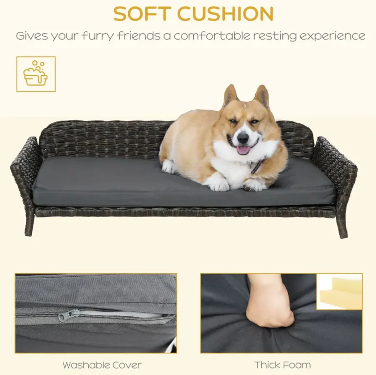 Charcoal Pet Lounger: Woven Rattan Dog Bed with Plush Cushion