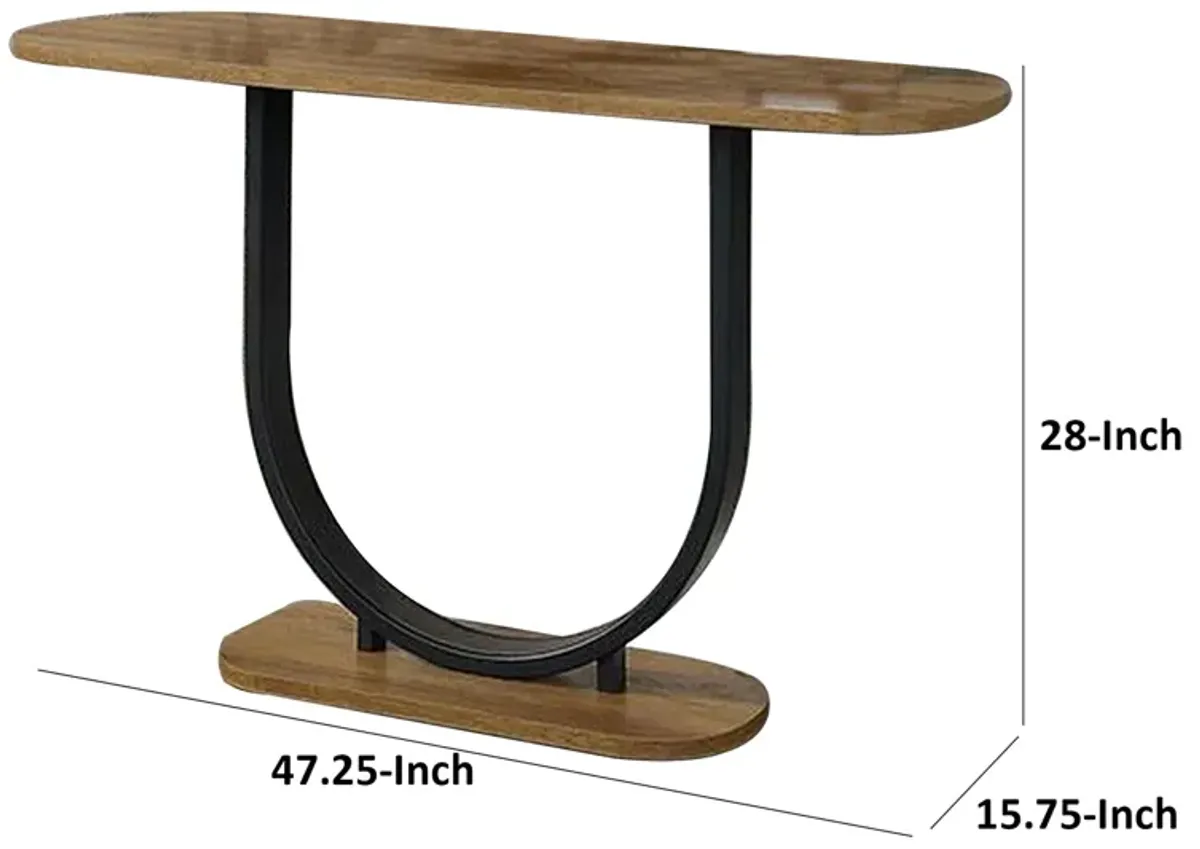 Obin 47 Inch Sofa Table, Rustic Oak Brown MDF, Black U Shape Steel Base - Benzara