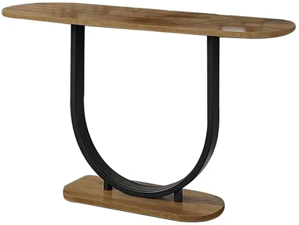 Obin 47 Inch Sofa Table, Rustic Oak Brown MDF, Black U Shape Steel Base - Benzara