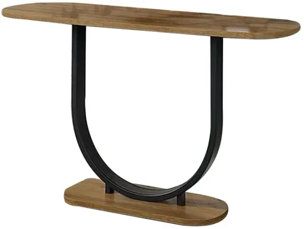 Obin 47 Inch Sofa Table, Rustic Oak Brown MDF, Black U Shape Steel Base - Benzara
