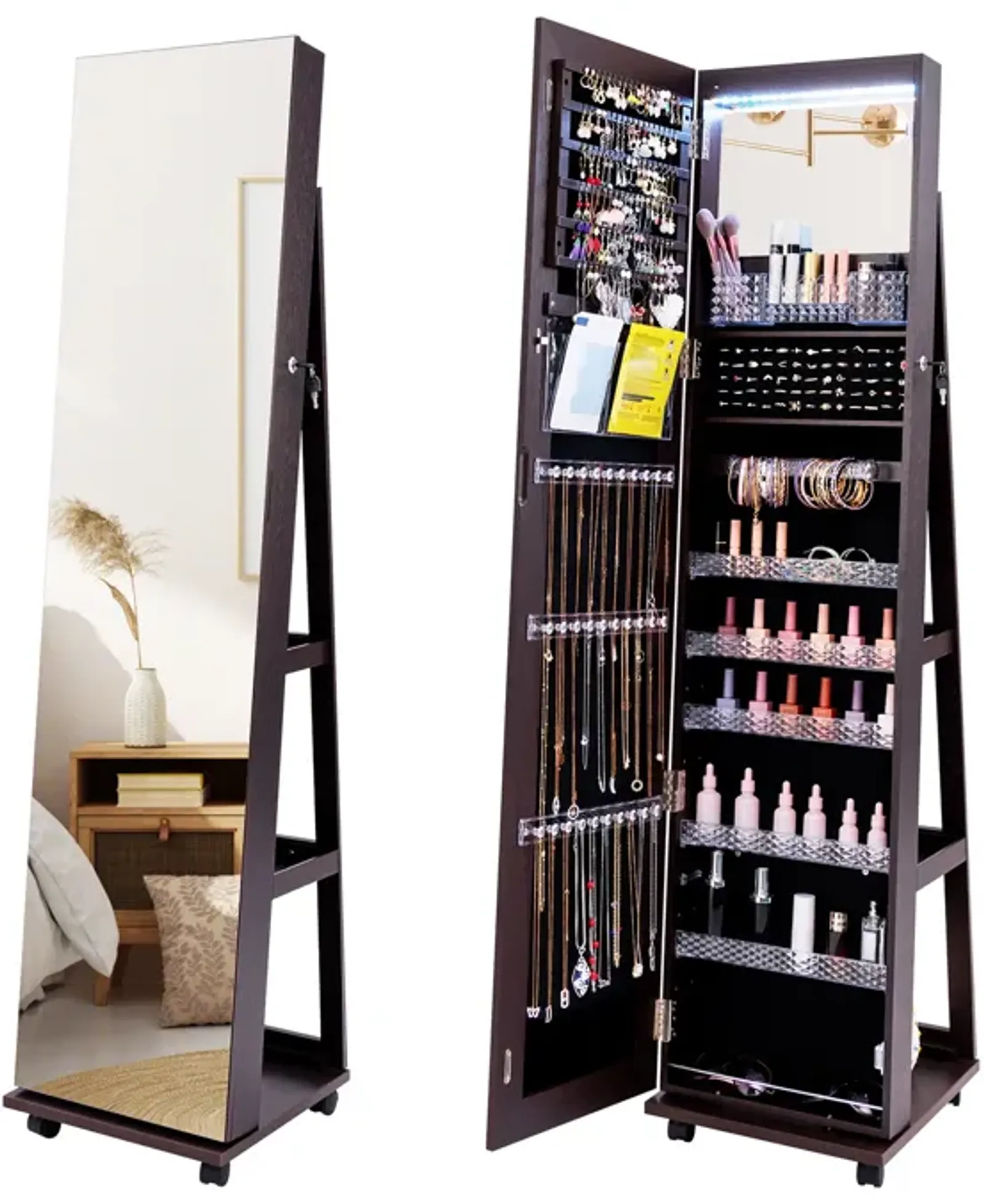 64 Inches Lockable Jewelry Cabinet Armoire with Built-in Makeup Mirror