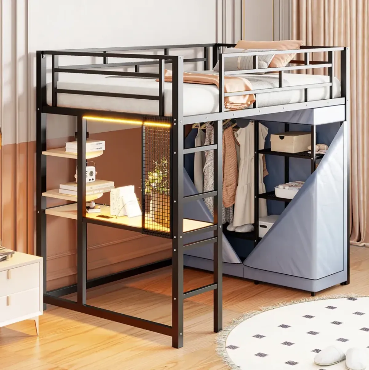 Merax Metal Loft Bed with Storage  and Wardrobe