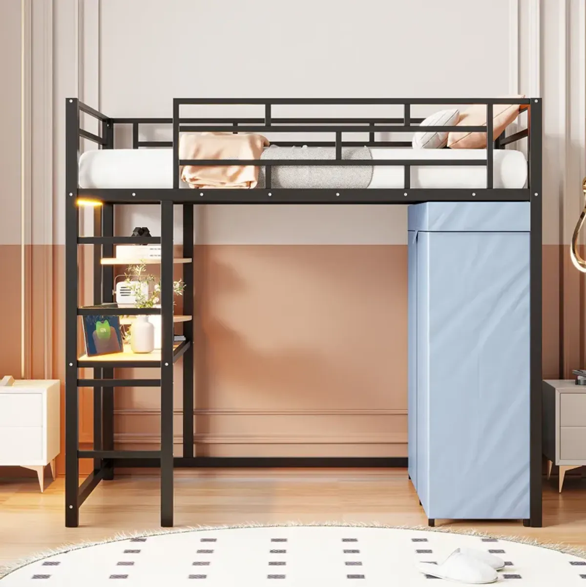 Merax Metal Loft Bed with Storage  and Wardrobe