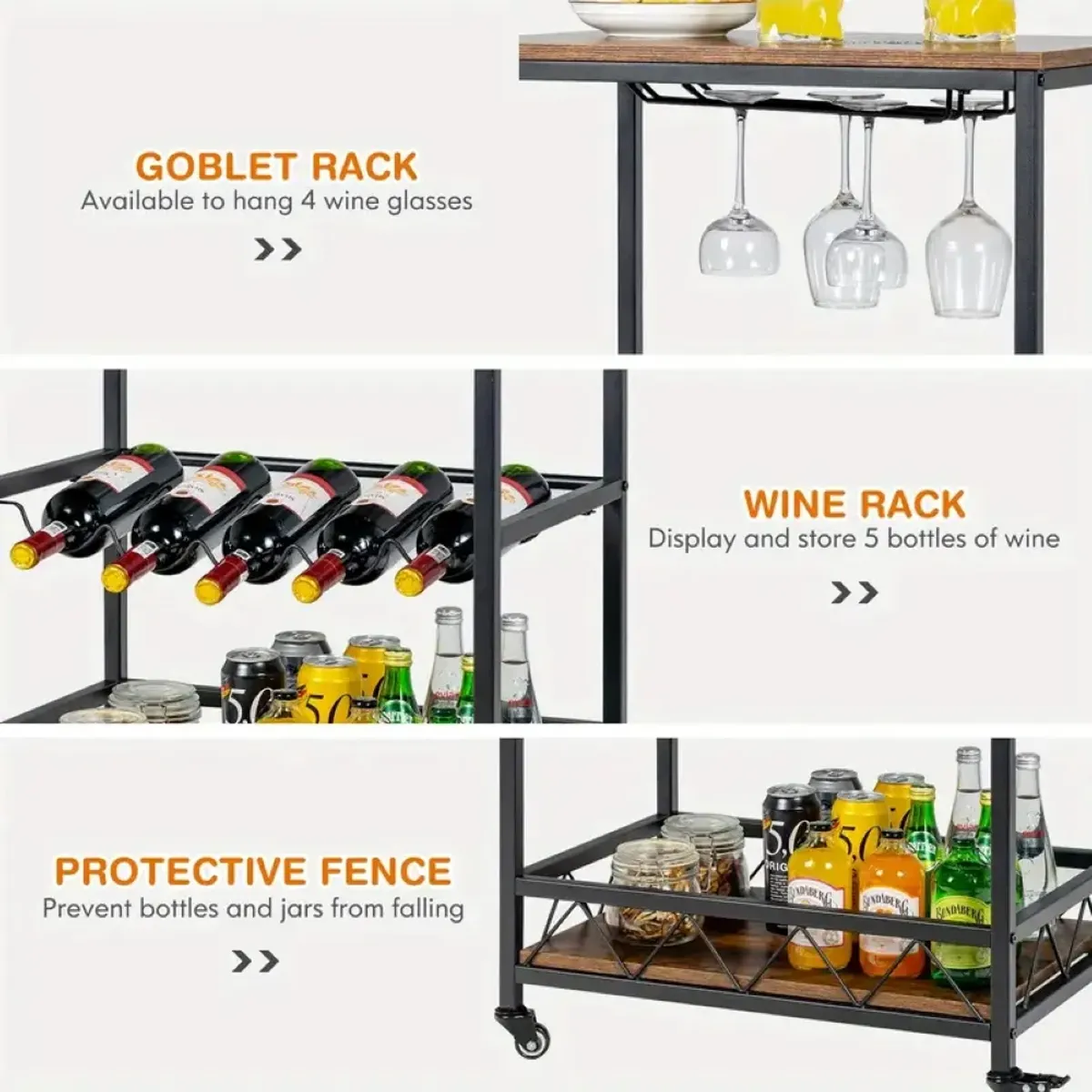 Home Bar Cart 3-Tier Rolling Trolley with Wheels for Serving & Beverage Storage