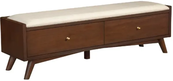 Ian 59 Inch 2 Drawer Accent Bench, Beige Seat, Mahogany Wood, Walnut Brown-Benzara