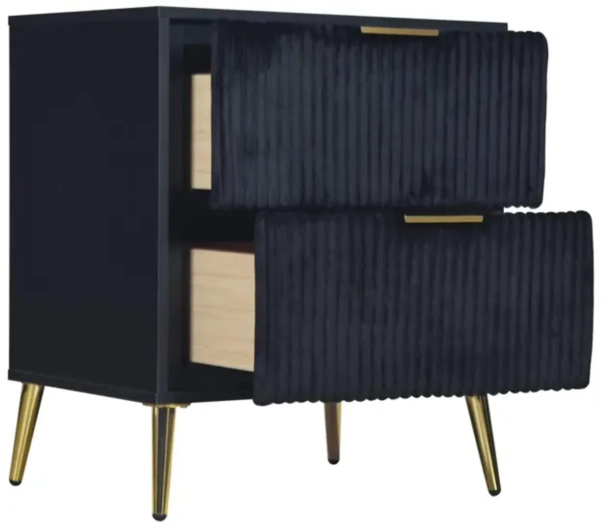 Benjara, Black, Gold Moko 26 Inch Nightstand, 2 Ribbed Soft Upholstered Drawers