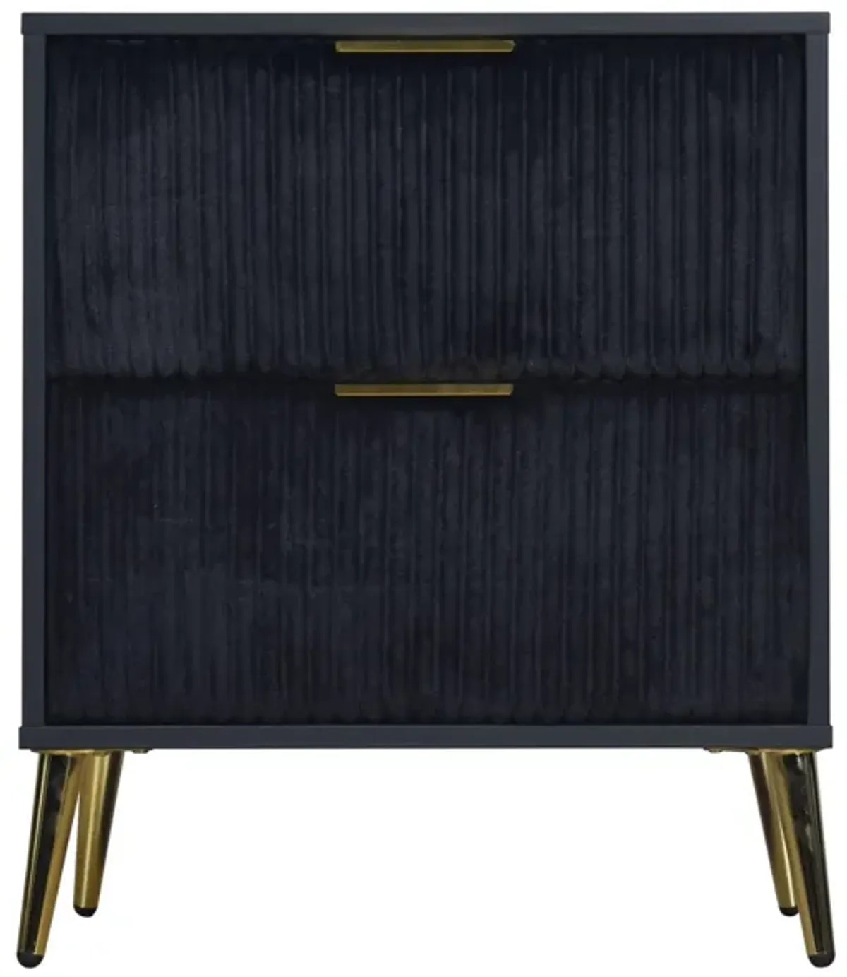 Benjara, Black, Gold Moko 26 Inch Nightstand, 2 Ribbed Soft Upholstered Drawers