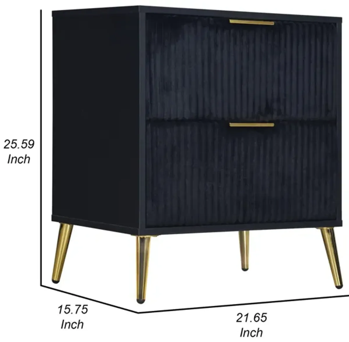 Benjara, Black, Gold Moko 26 Inch Nightstand, 2 Ribbed Soft Upholstered Drawers