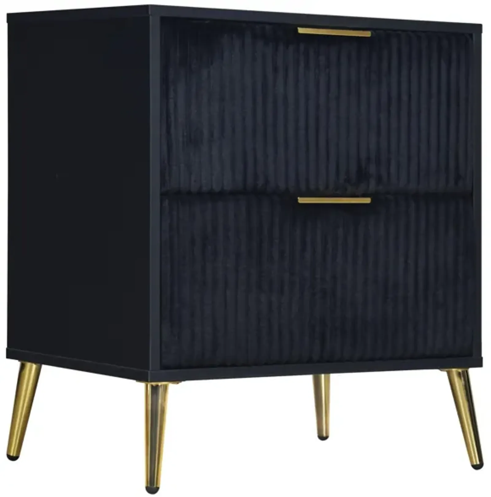 Benjara, Black, Gold Moko 26 Inch Nightstand, 2 Ribbed Soft Upholstered Drawers