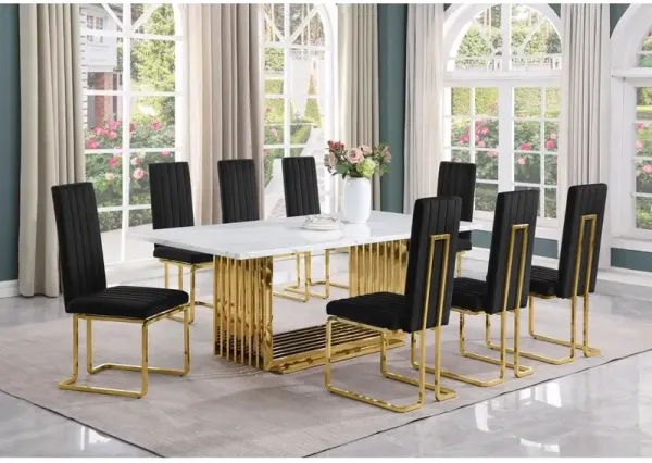 9pc Large(79") marble top dining set with gold base and 8 Black side chairs