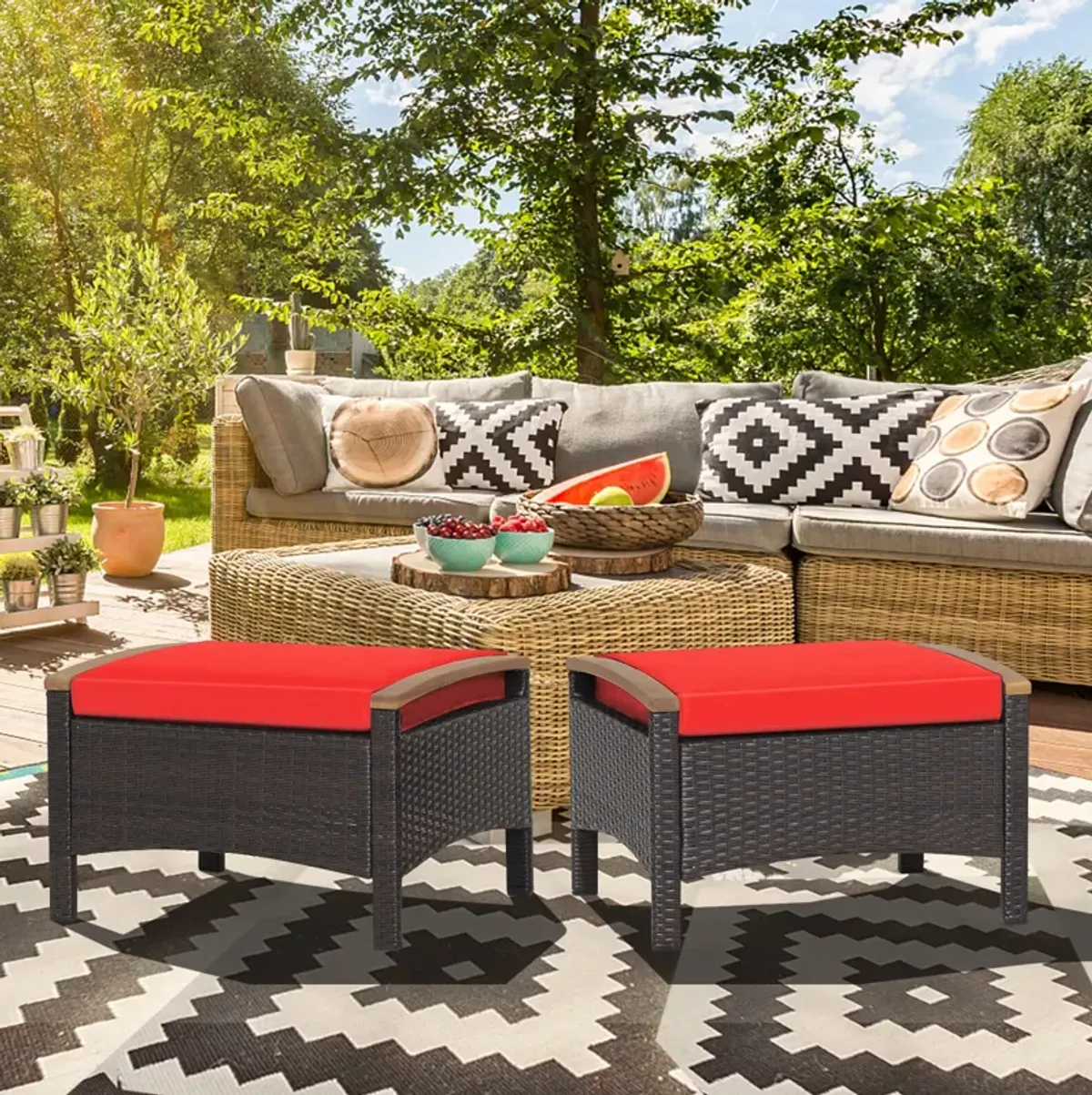 Set of 2 Fade-Resistant Wicker Patio Ottoman