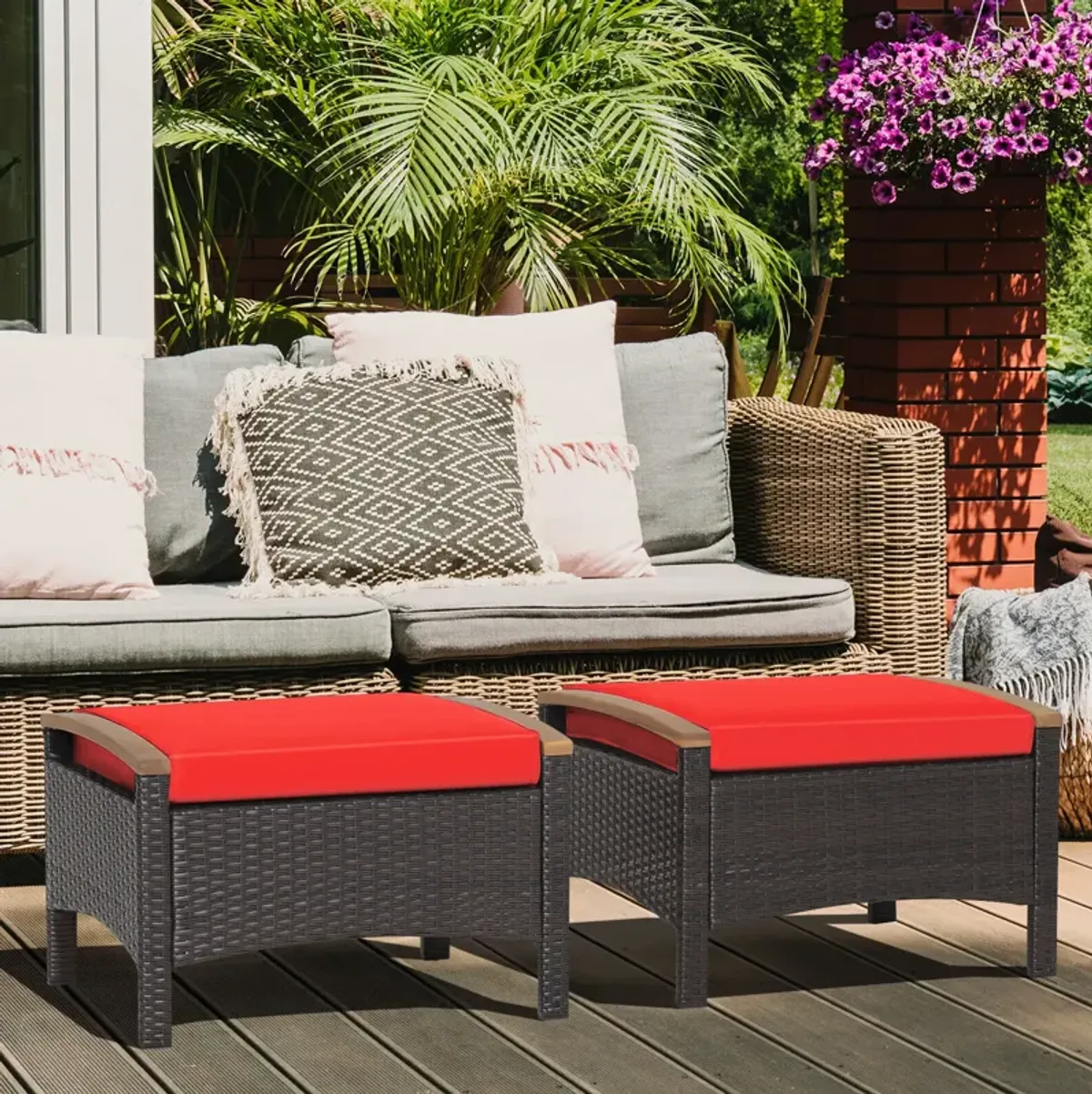 Set of 2 Fade-Resistant Wicker Patio Ottoman