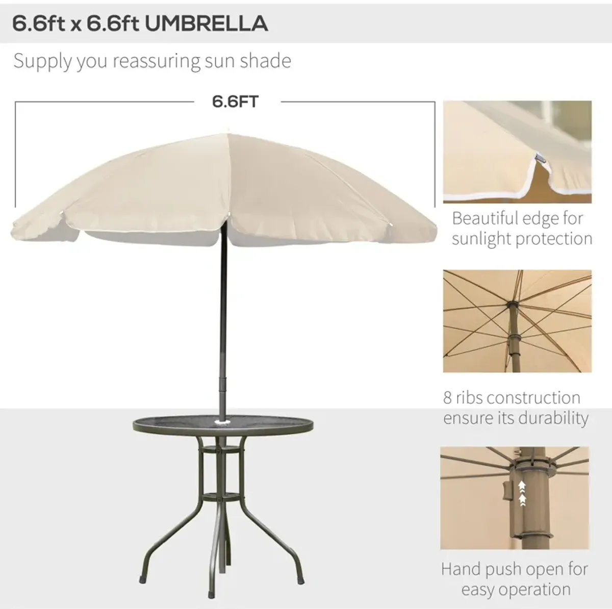 Beige Outdoor Dining: 6-Piece Set with Umbrella, Chairs & Glass Table