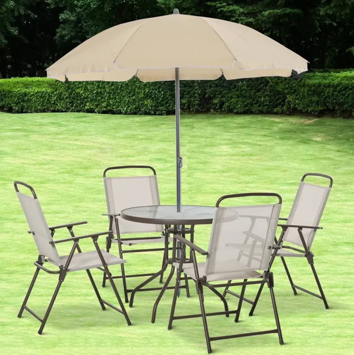 Beige Outdoor Dining: 6-Piece Set with Umbrella, Chairs & Glass Table