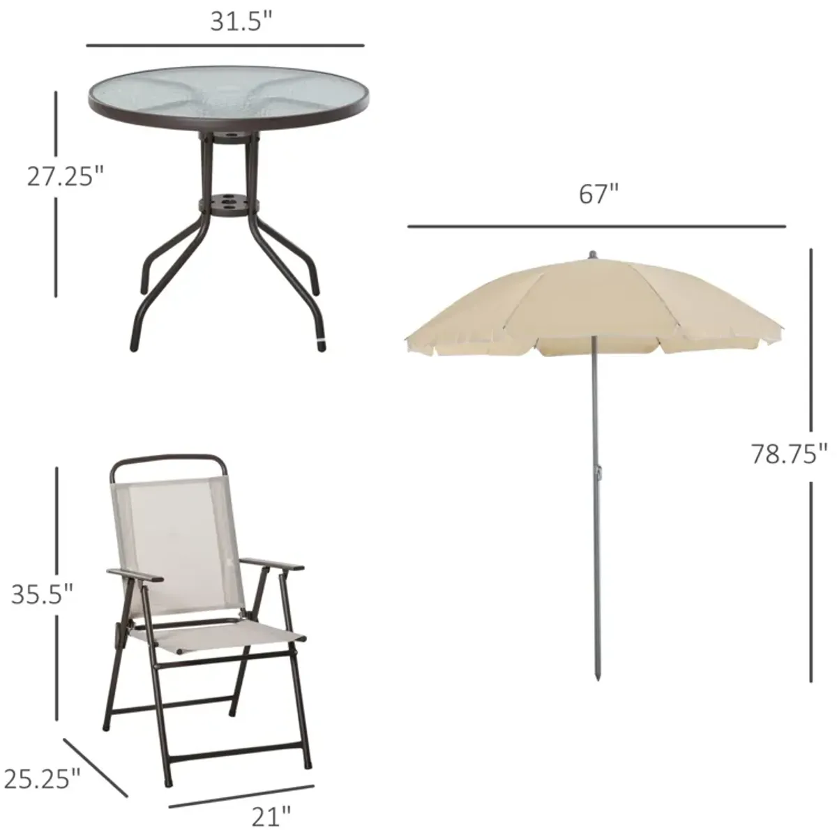 Beige Outdoor Dining: 6-Piece Set with Umbrella, Chairs & Glass Table