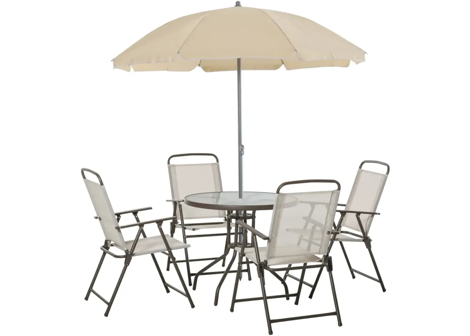 Beige Outdoor Dining: 6-Piece Set with Umbrella, Chairs & Glass Table