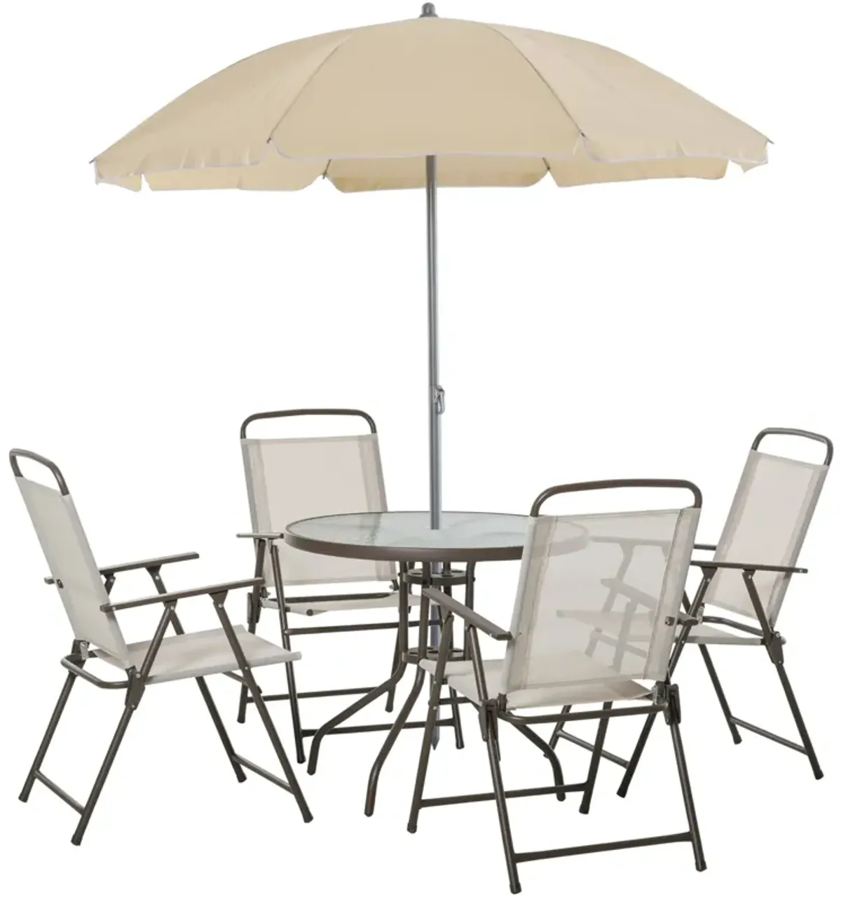 Beige Outdoor Dining: 6-Piece Set with Umbrella, Chairs & Glass Table