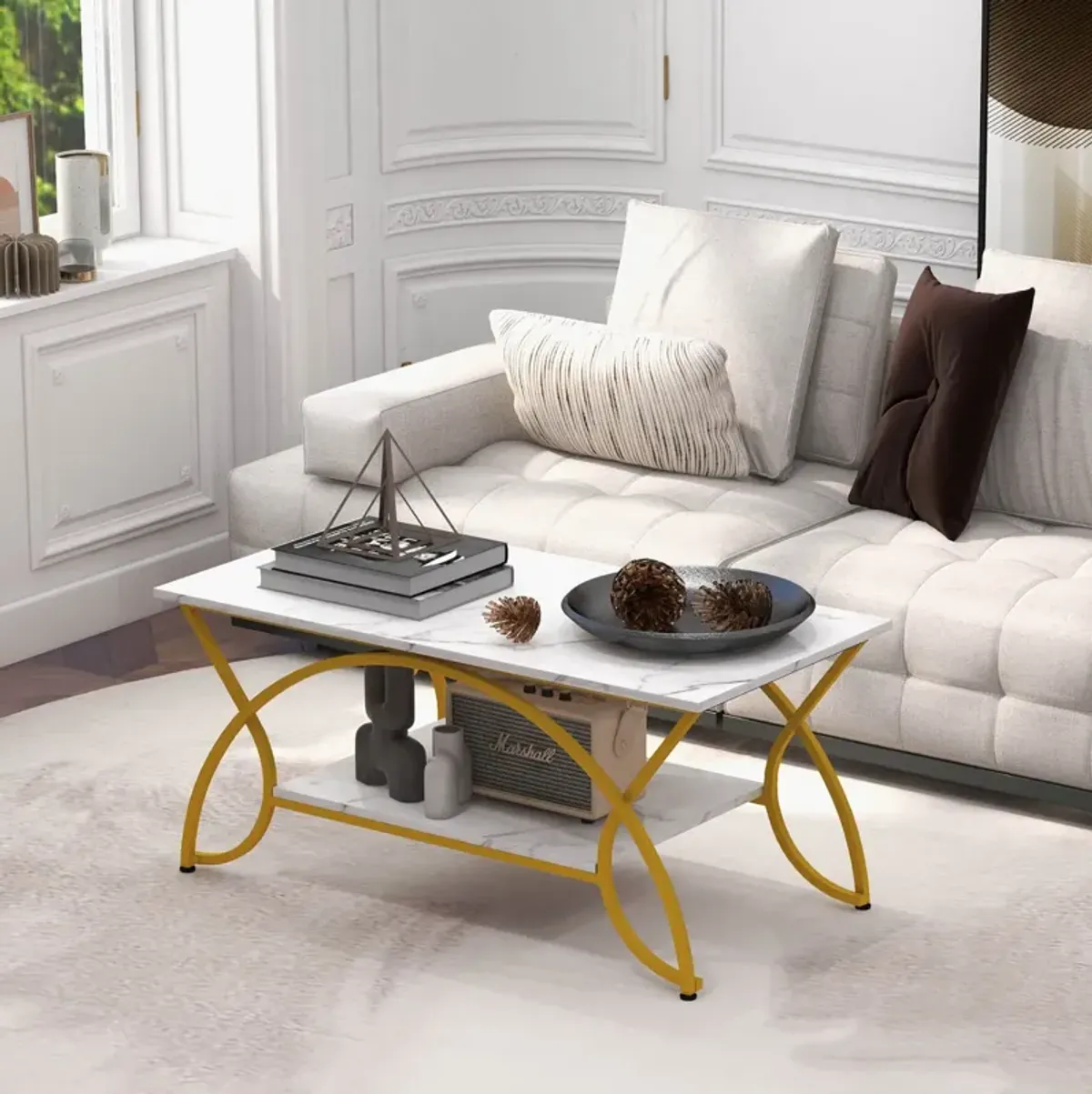 2-Tier Faux Marble Coffee Table with Marble Top and Metal Frame