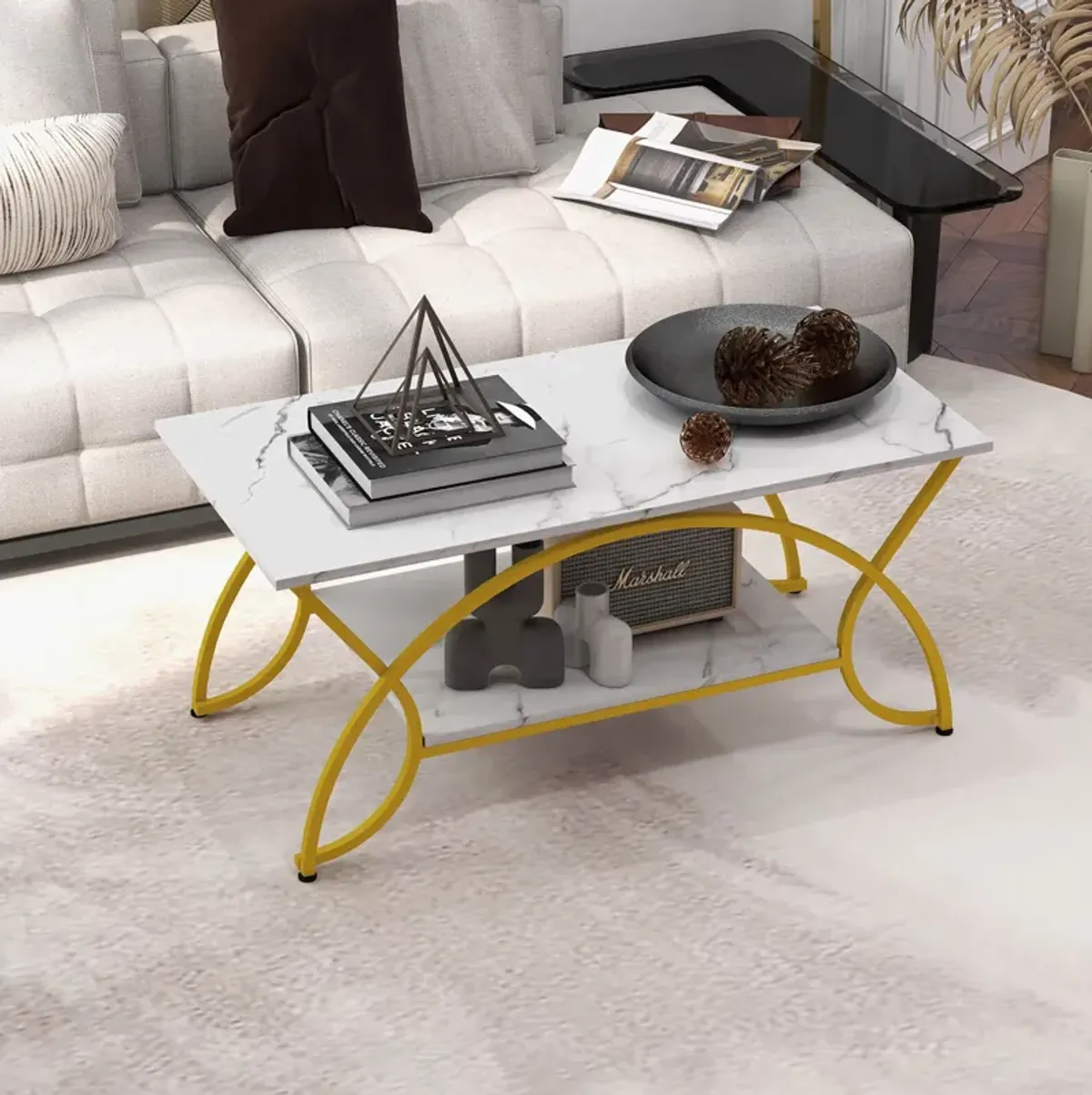 2-Tier Faux Marble Coffee Table with Marble Top and Metal Frame