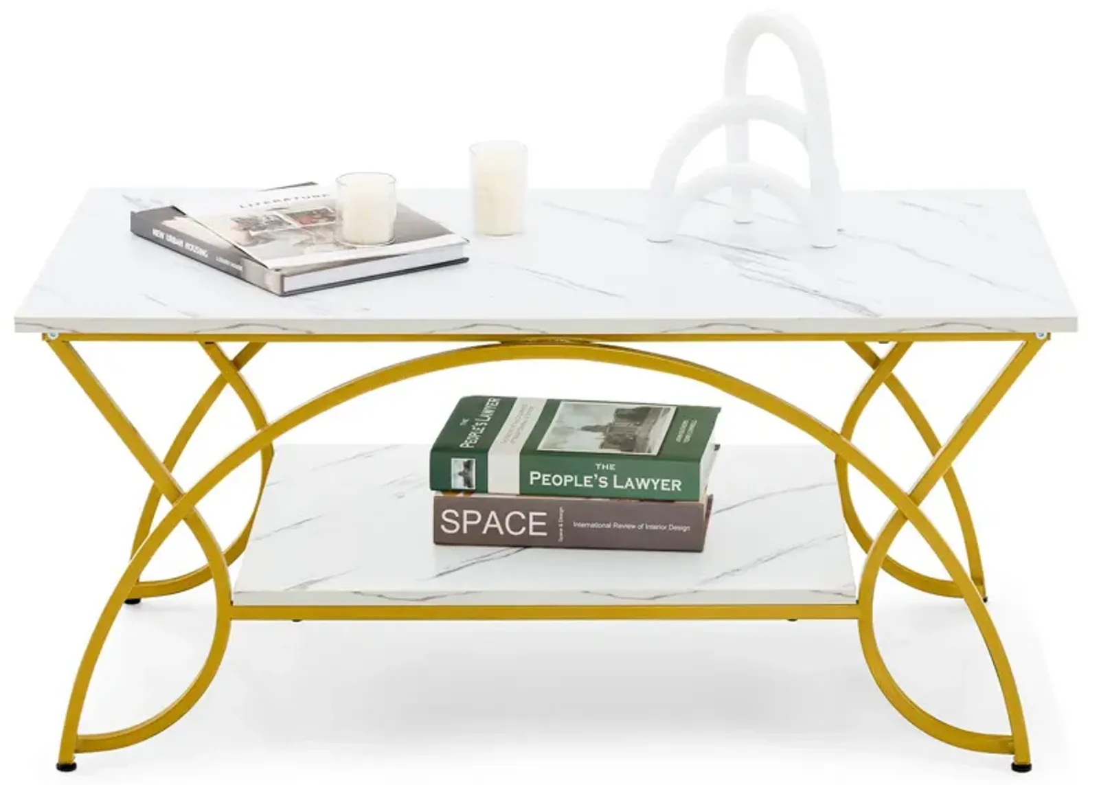 2-Tier Faux Marble Coffee Table with Marble Top and Metal Frame