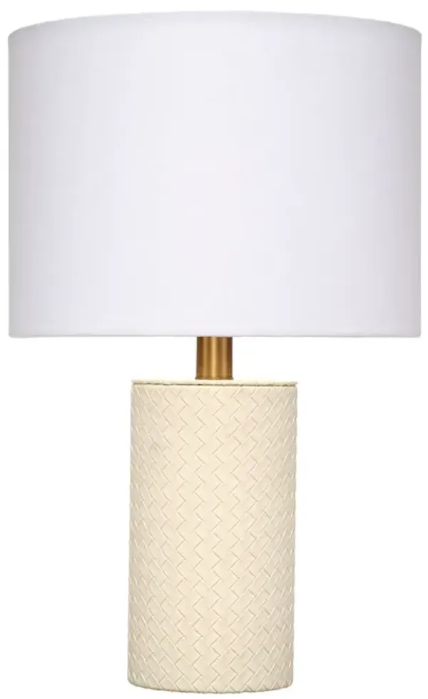 Myn Table Lamp, 18 Inch, White Linen Drum Shade, Cream Leather Base