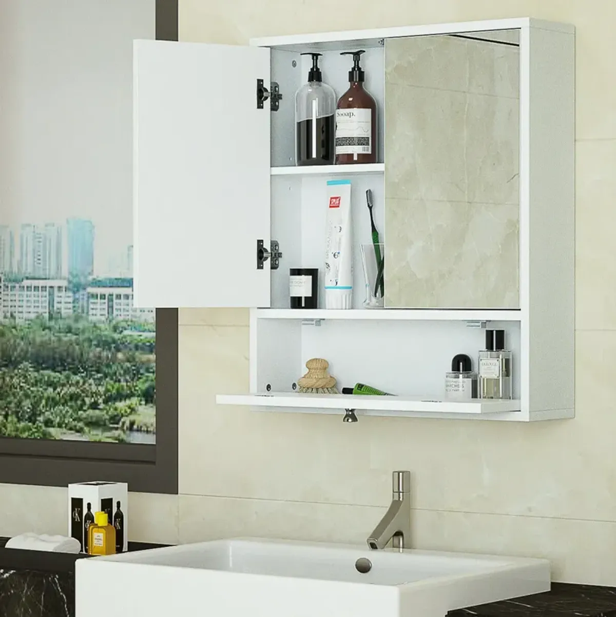 Double Door Wall-Mounted Bathroom Mirrored Medicine Cabinet-White