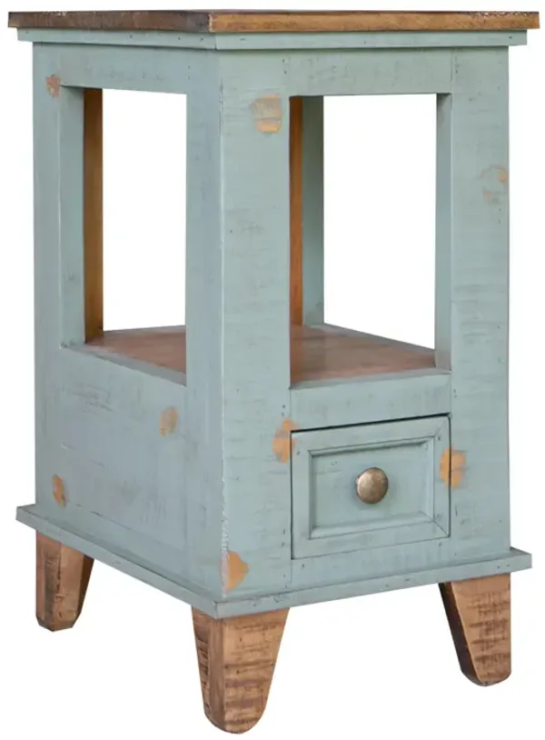 Benjara Rozy 26 Inch Chairside End Table, Teal Pine Wood, Hand Finished, Blue and Brown