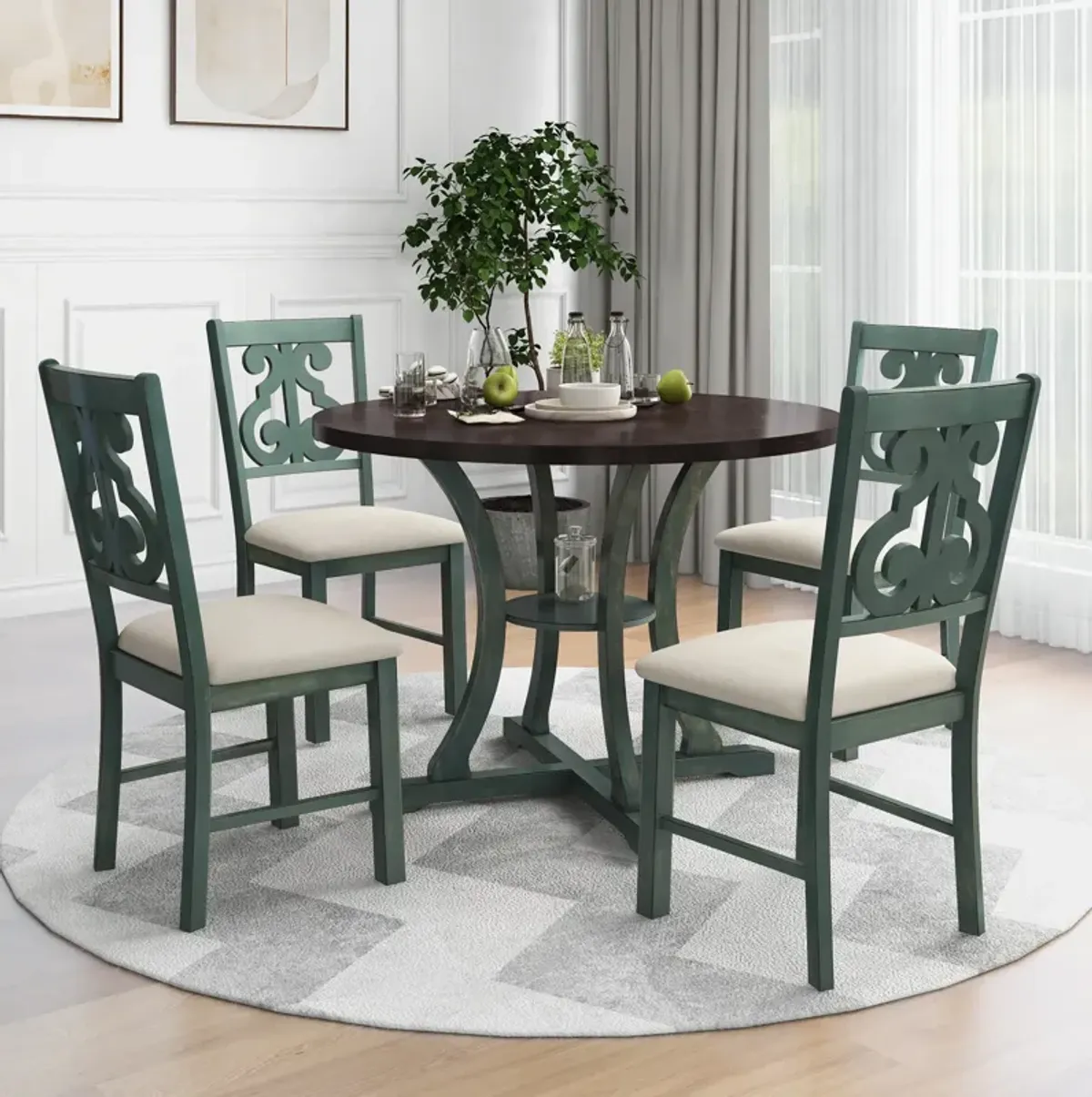 Gewnee 5-Piece Round Dining Table and 4 Fabric Chairs with Special-shaped Table Legs and Storage Shelf (Antique Blue/ Dark Brown)