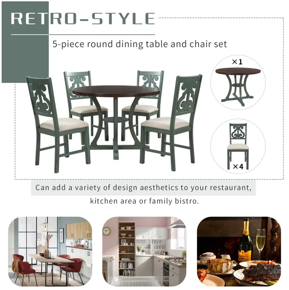 Gewnee 5-Piece Round Dining Table and 4 Fabric Chairs with Special-shaped Table Legs and Storage Shelf (Antique Blue/ Dark Brown)