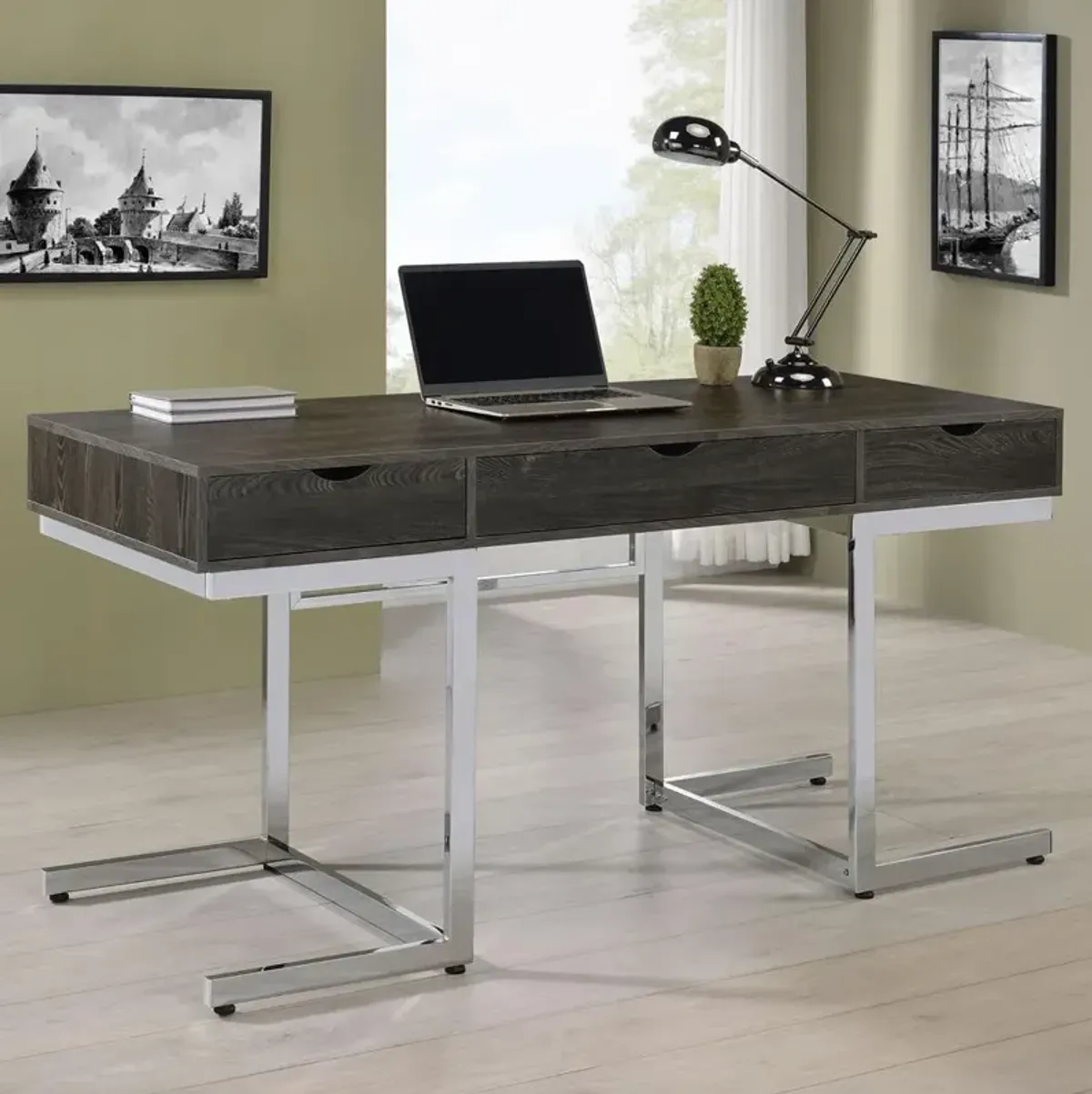 Noorvik 3-drawer Writing Desk Dark Oak and Chrome