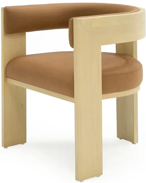 24 Inch Dining Chair, Curved Open Back, Cushioned, Natural Ash, Rust Fabric - Benzara