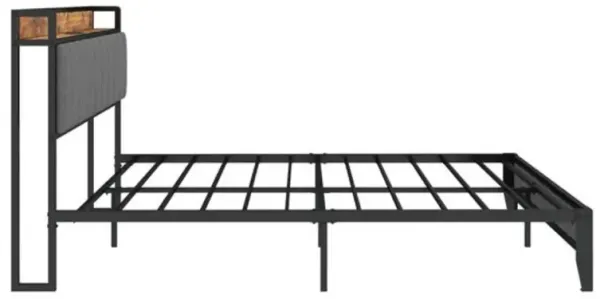 Bed Frame with Charging Station, Upholstered Headboard, Metal Platform