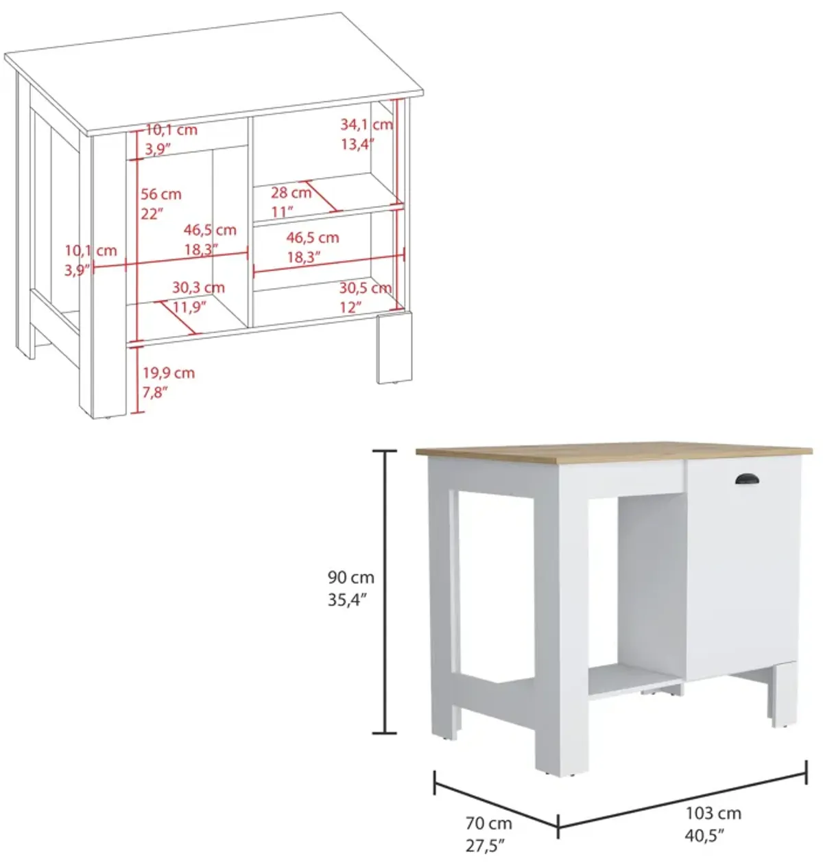 Arlington 2 Piece Kitchen Set, Kitchen Island + Pantry Cabinet, White / Light Oak